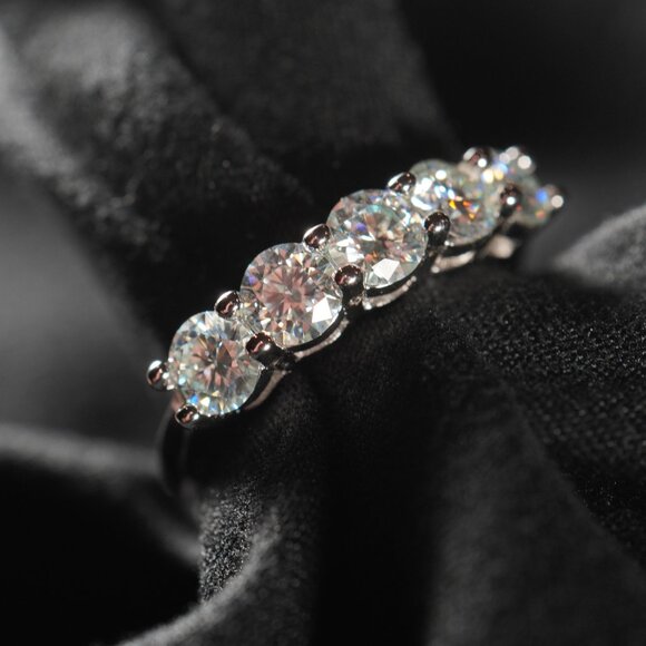 Rhodium Plated Sterling Silver Ring with 5 Light Blue Moissanite Stones - Picture 3 of 16